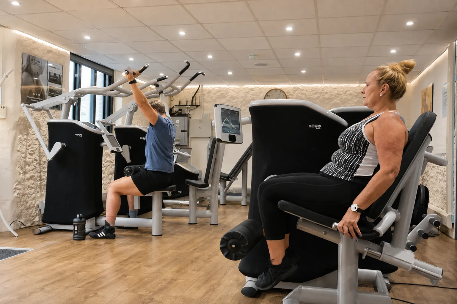 Colourised photograph: Members using connected strength equipment at Astons