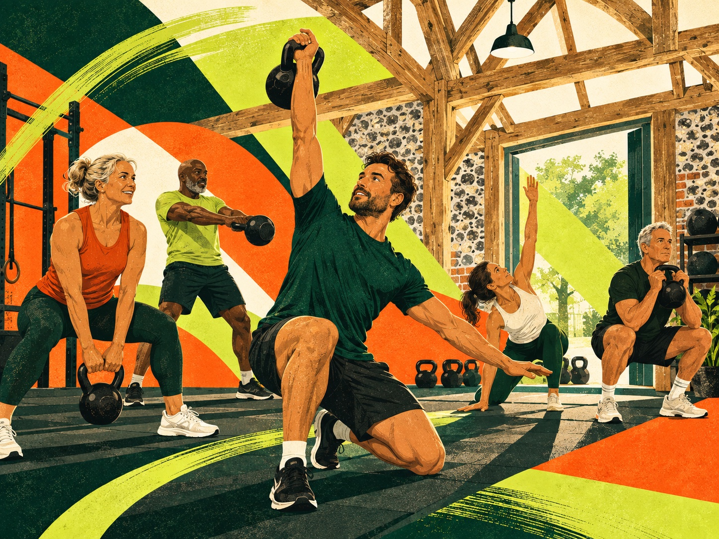 Astons illustration of an energetic class inside a barn-style gym