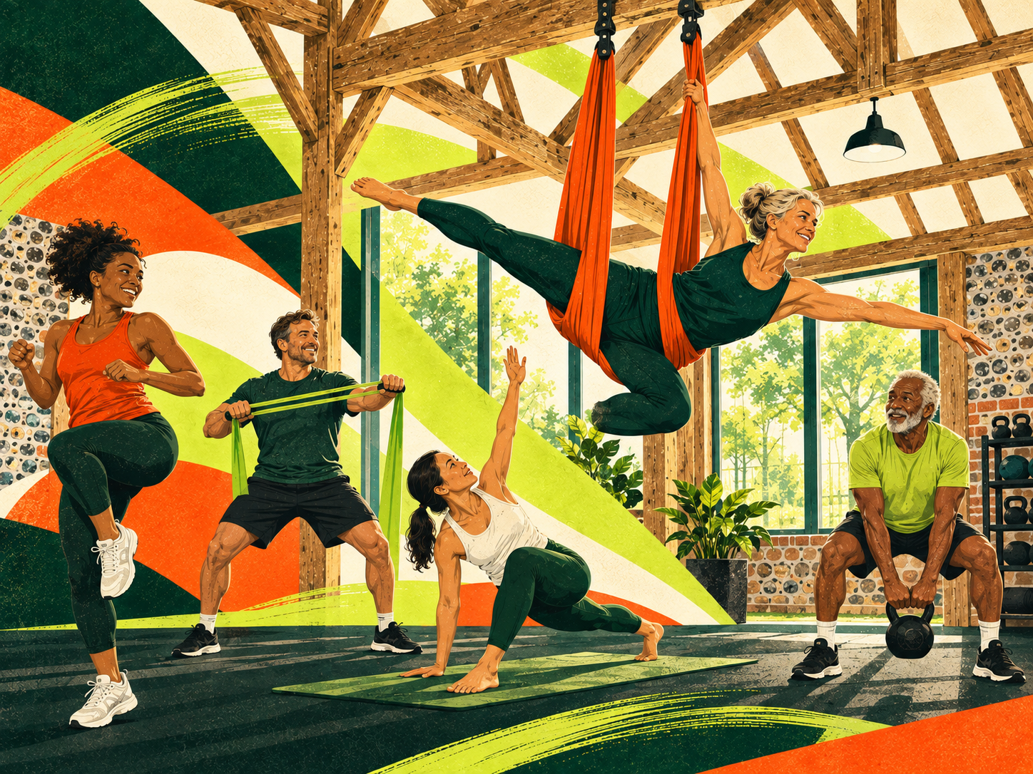 Inclusive illustration of adults across a broad age range taking part in Astons classes, including aerial yoga