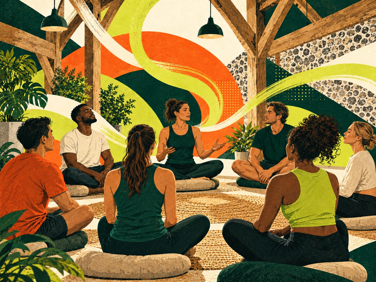 Illustration of a guided wellbeing workshop in a converted Sussex barn