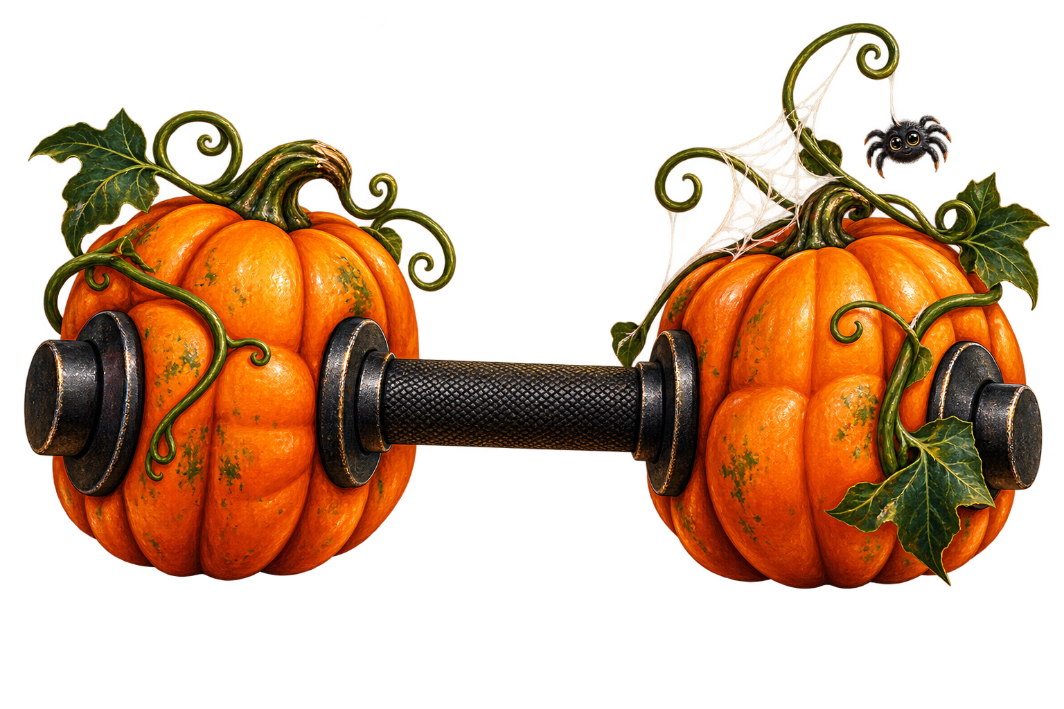 Two orange pumpkins shaped like dumbbell weights, with a spiderweb and small spider