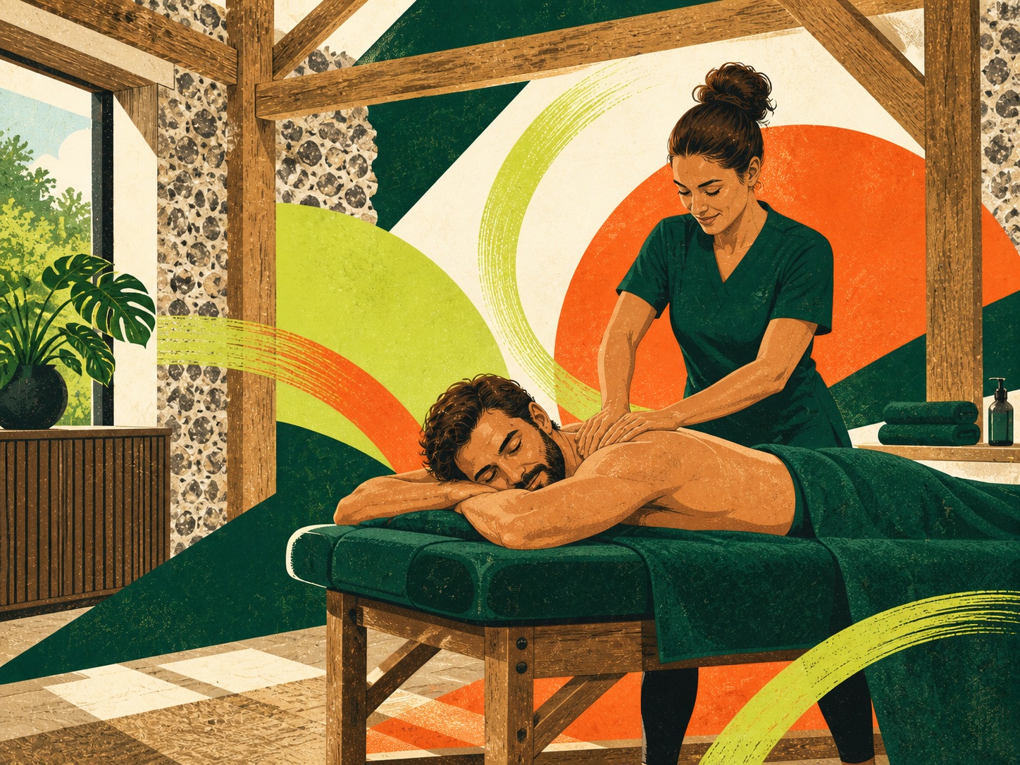 Astons illustration of a massage treatment in a warm barn setting