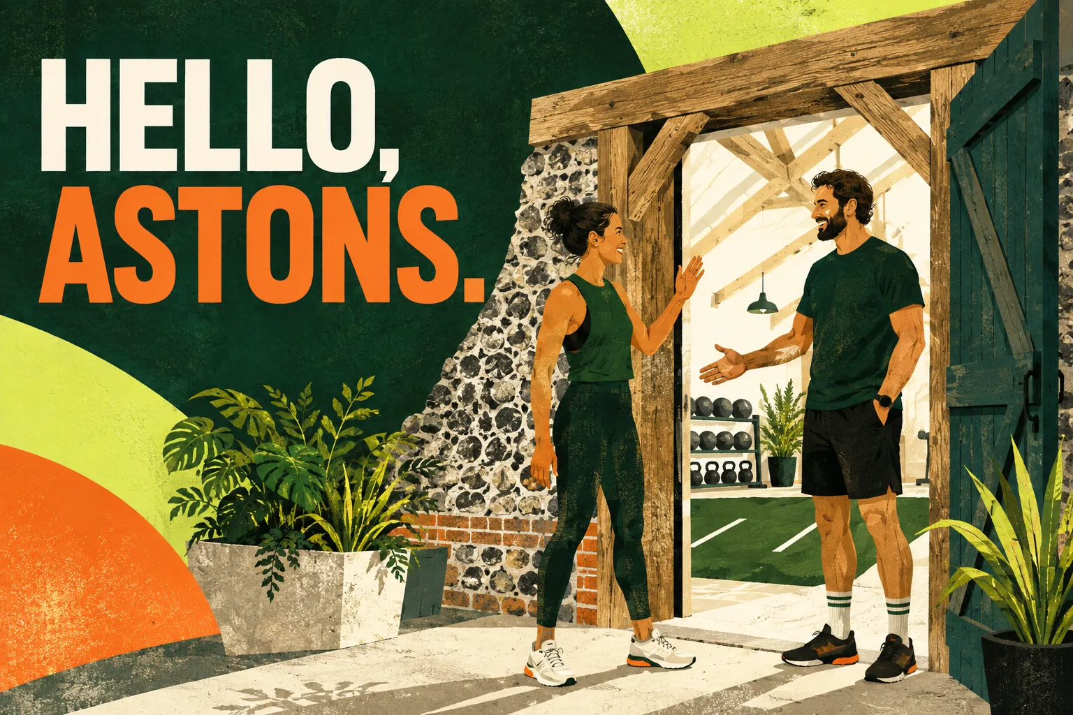 Astons illustration welcoming visitors into the converted barn gym